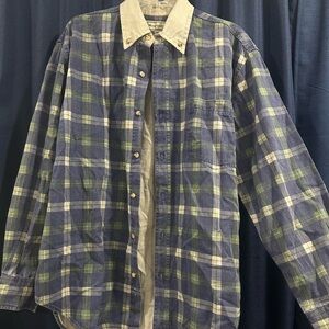 Mountain Express Vintage Blue, White & Green Flannel w Beige Collar